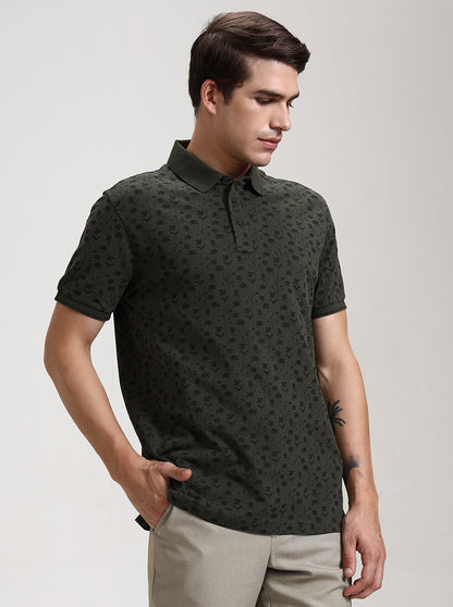 Olive Green Printed Slim Fit Polo T-Shirt | JadeBlue