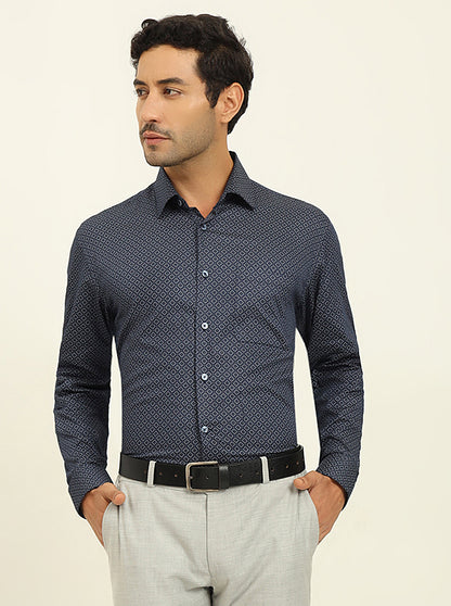 Blue Printed Regular Fit Formal Shirt | JadeBlue