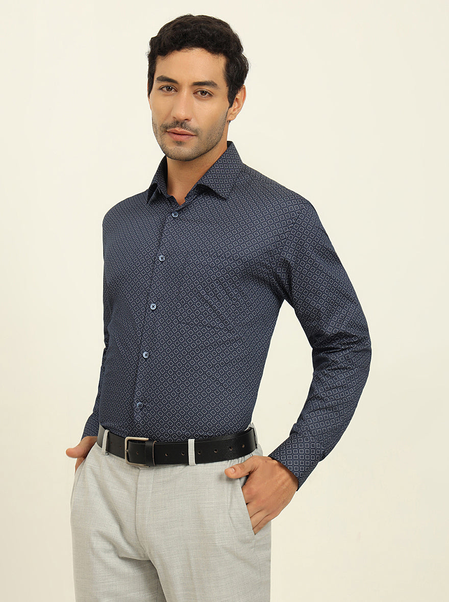 Blue Printed Regular Fit Formal Shirt | JadeBlue