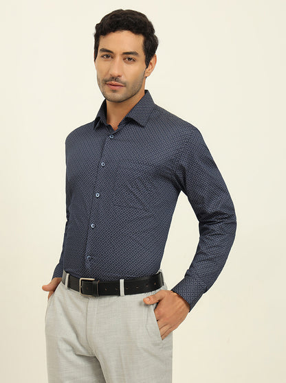 Blue Printed Regular Fit Formal Shirt | JadeBlue