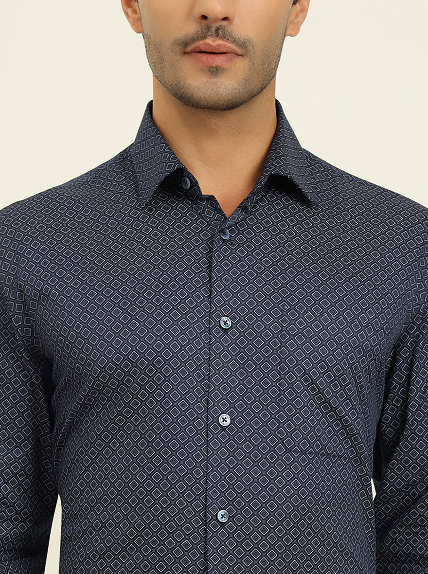 Blue Printed Regular Fit Formal Shirt | JadeBlue