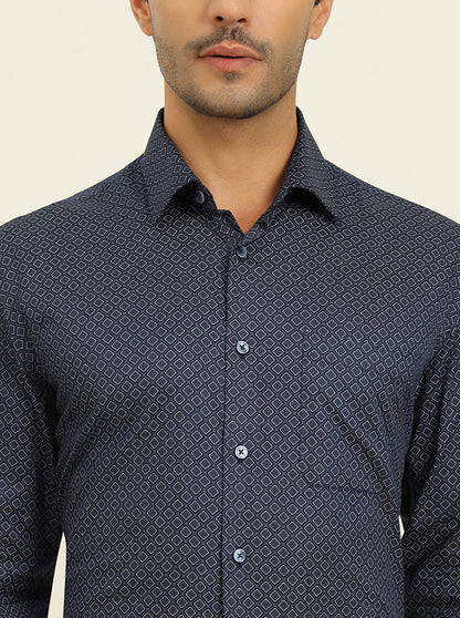 Blue Printed Regular Fit Formal Shirt | JadeBlue