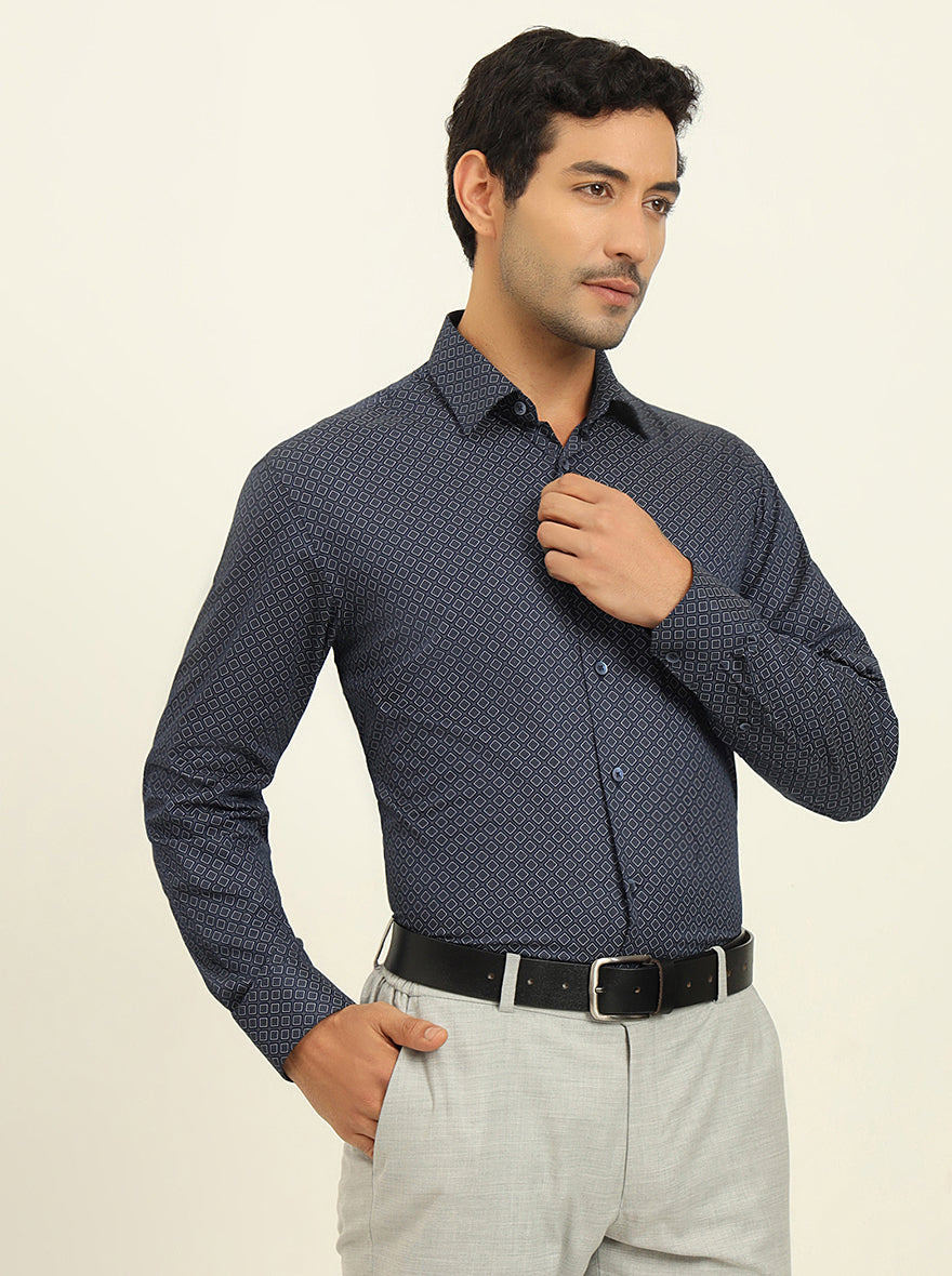 Blue Printed Regular Fit Formal Shirt | JadeBlue