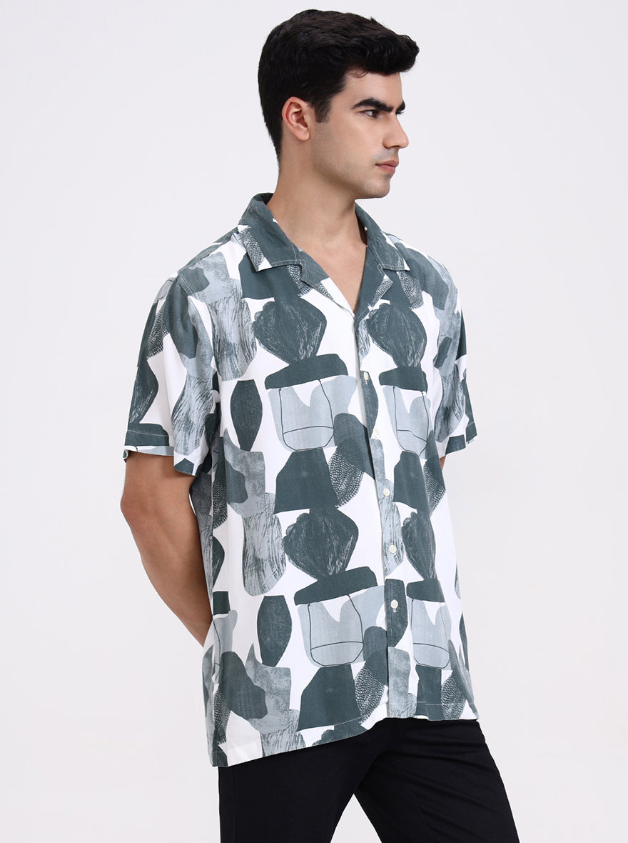 Green & White Printed Slim Fit Casual Shirt | Greenfibre