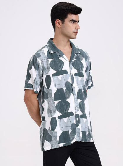 Green & White Printed Slim Fit Casual Shirt | Greenfibre
