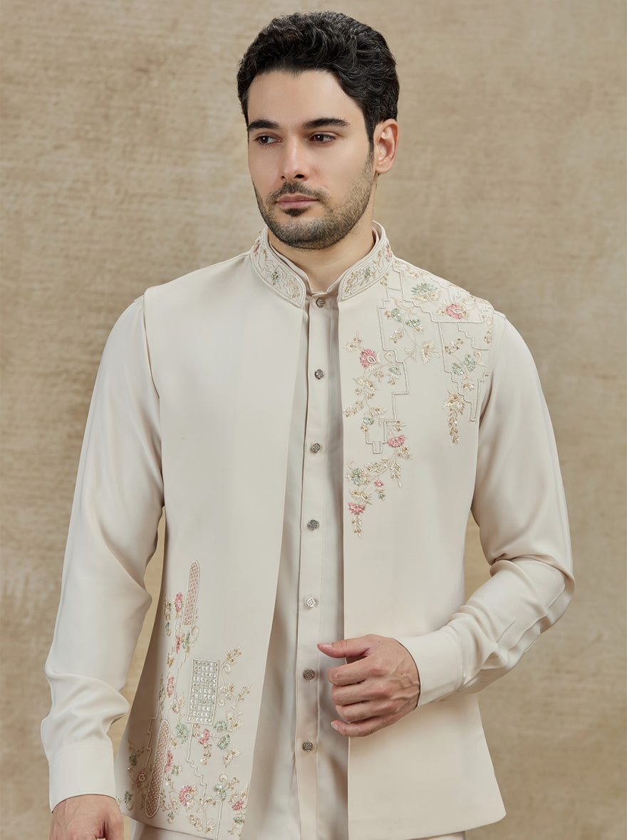 Fawn Embroidered Kurta Pajama with Koti | Virasana