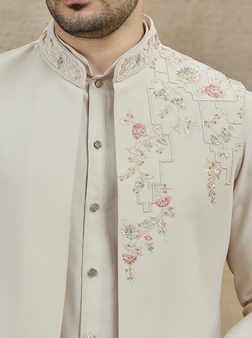 Fawn Embroidered Kurta Pajama with Koti | Virasana