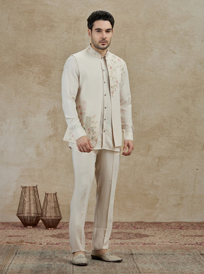 Fawn Embroidered Kurta Pajama with Koti | Virasana