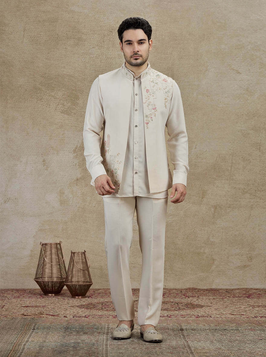Fawn Embroidered Kurta Pajama with Koti | Virasana