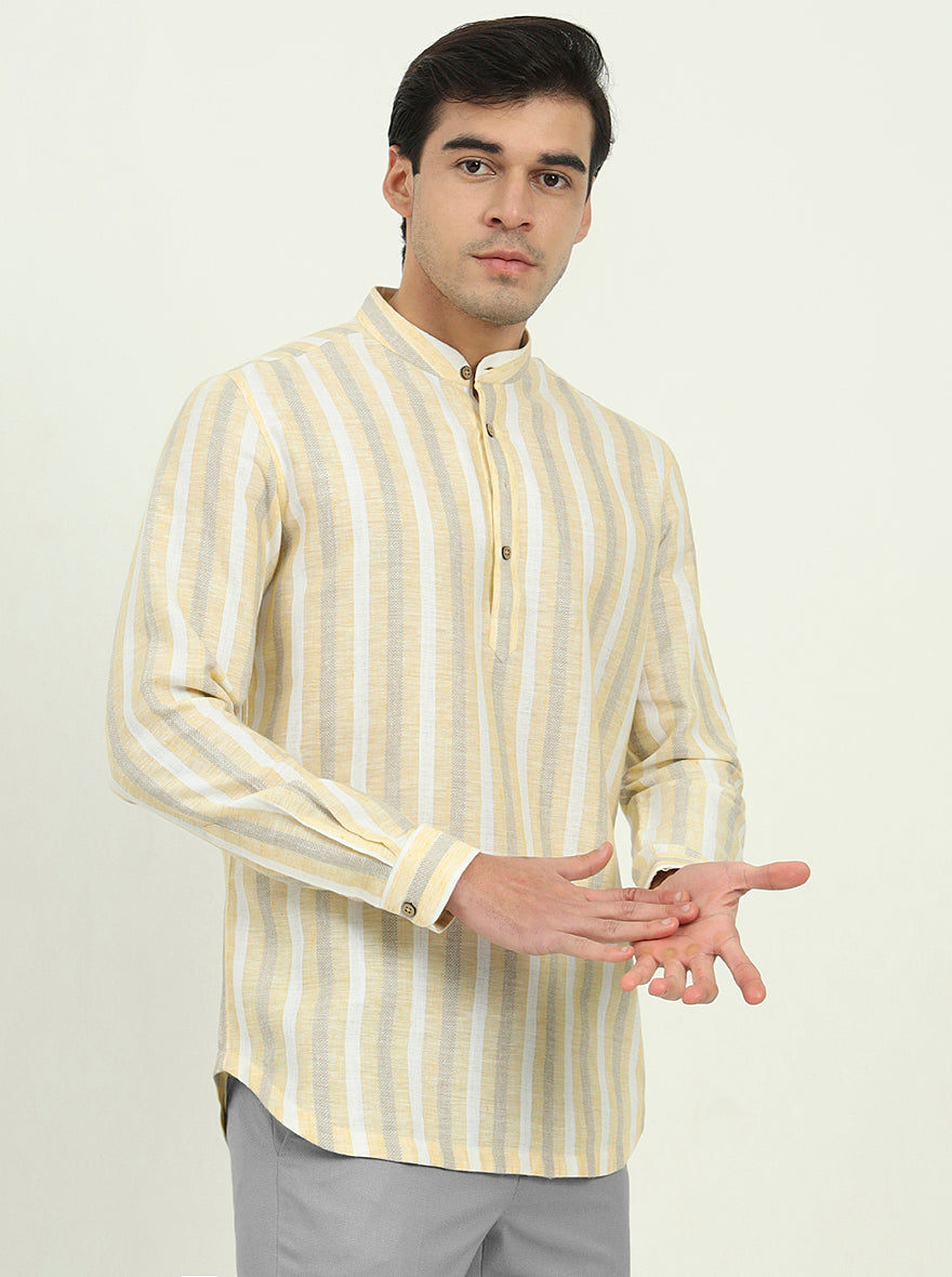 Yellow Striped Slim Fit Party Wear Kurta | Greenfibre