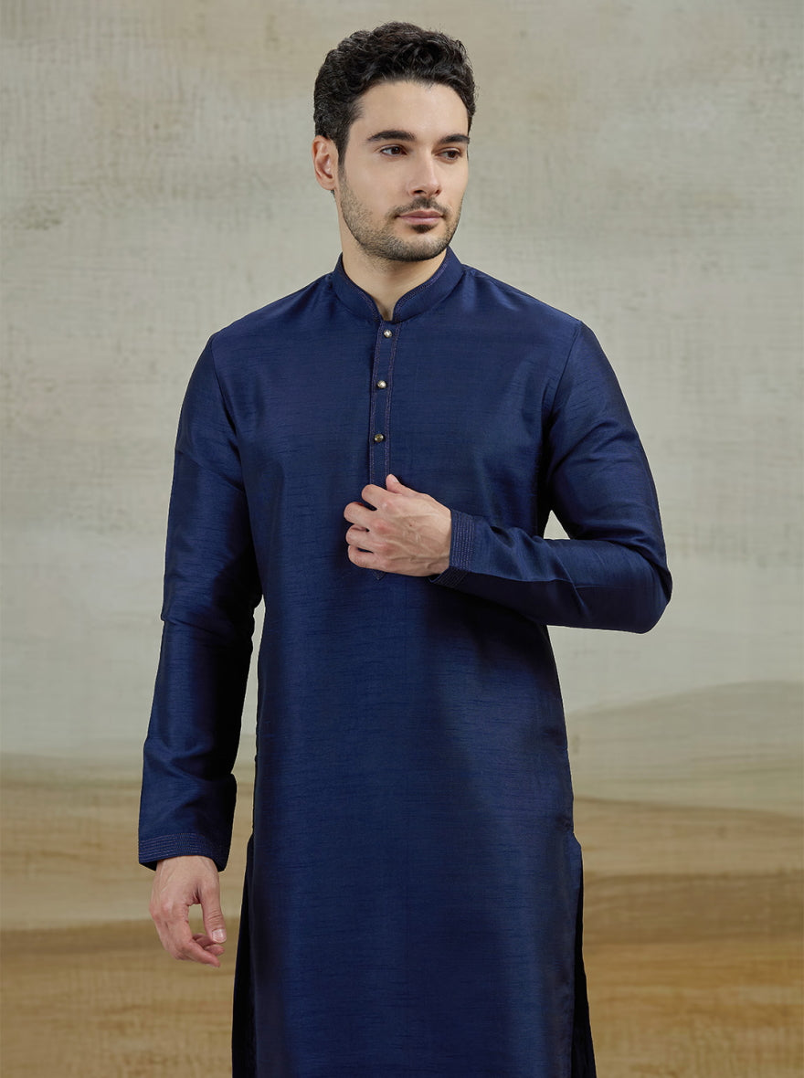 Dark Blue Solid Kurta Pajama | Virasana