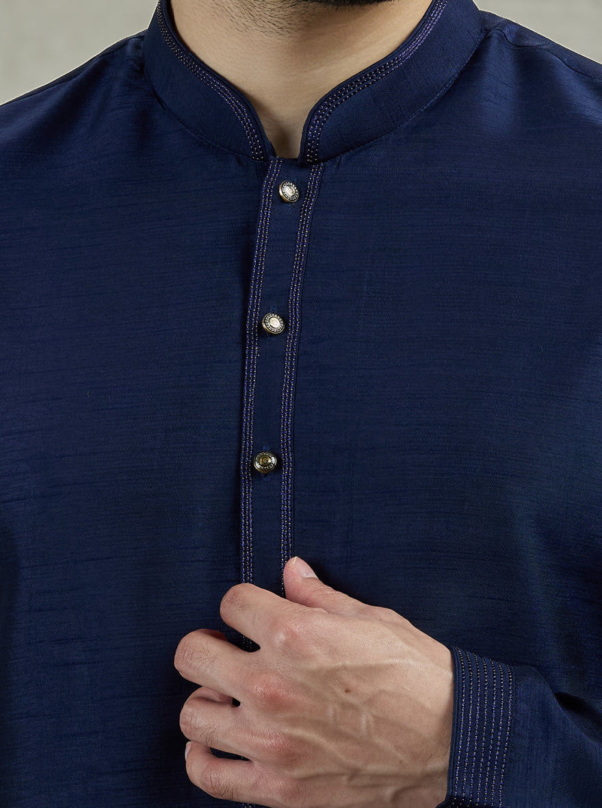 Dark Blue Solid Kurta Pajama | Virasana