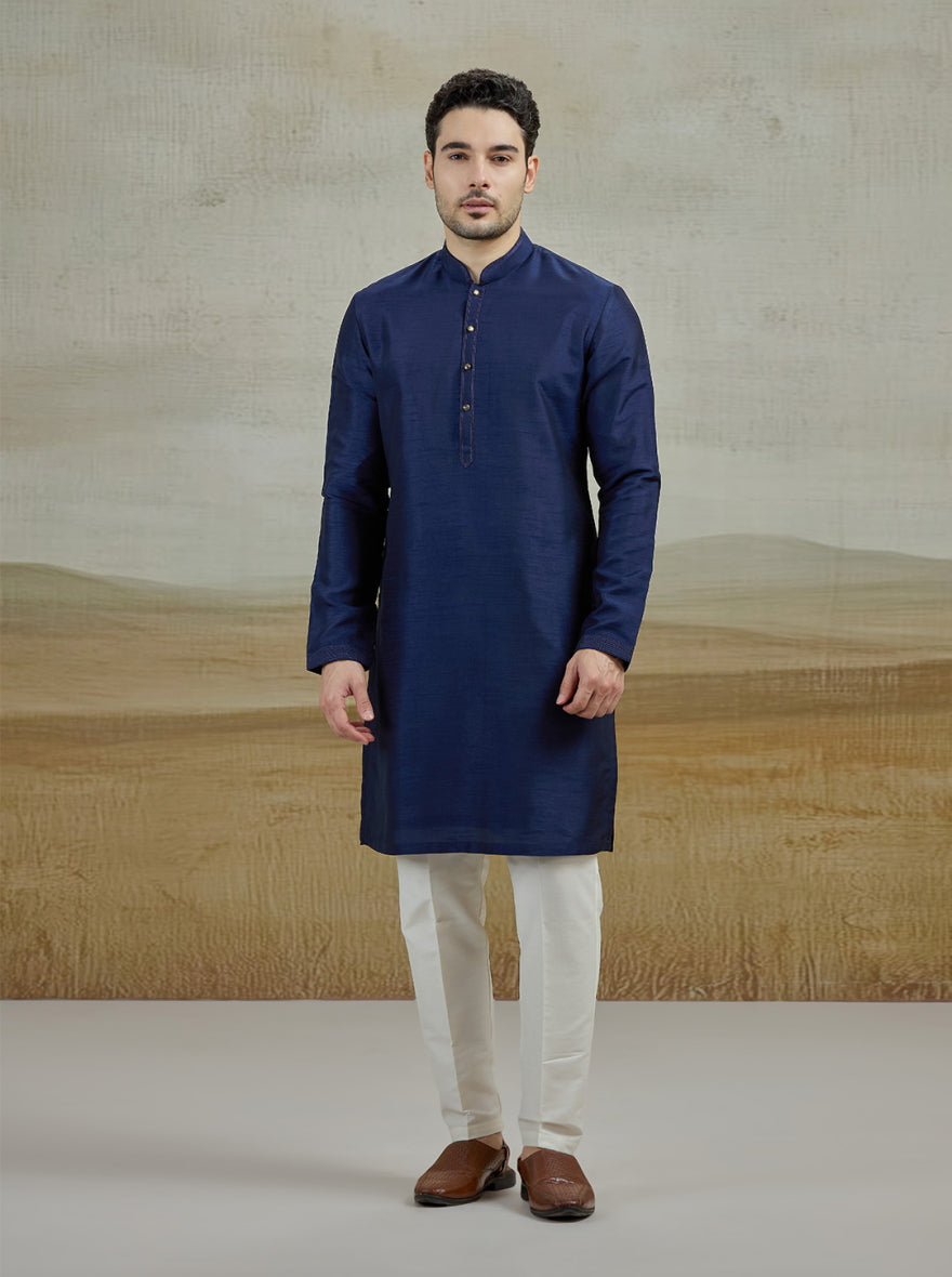 Dark Blue Solid Kurta Pajama | Virasana