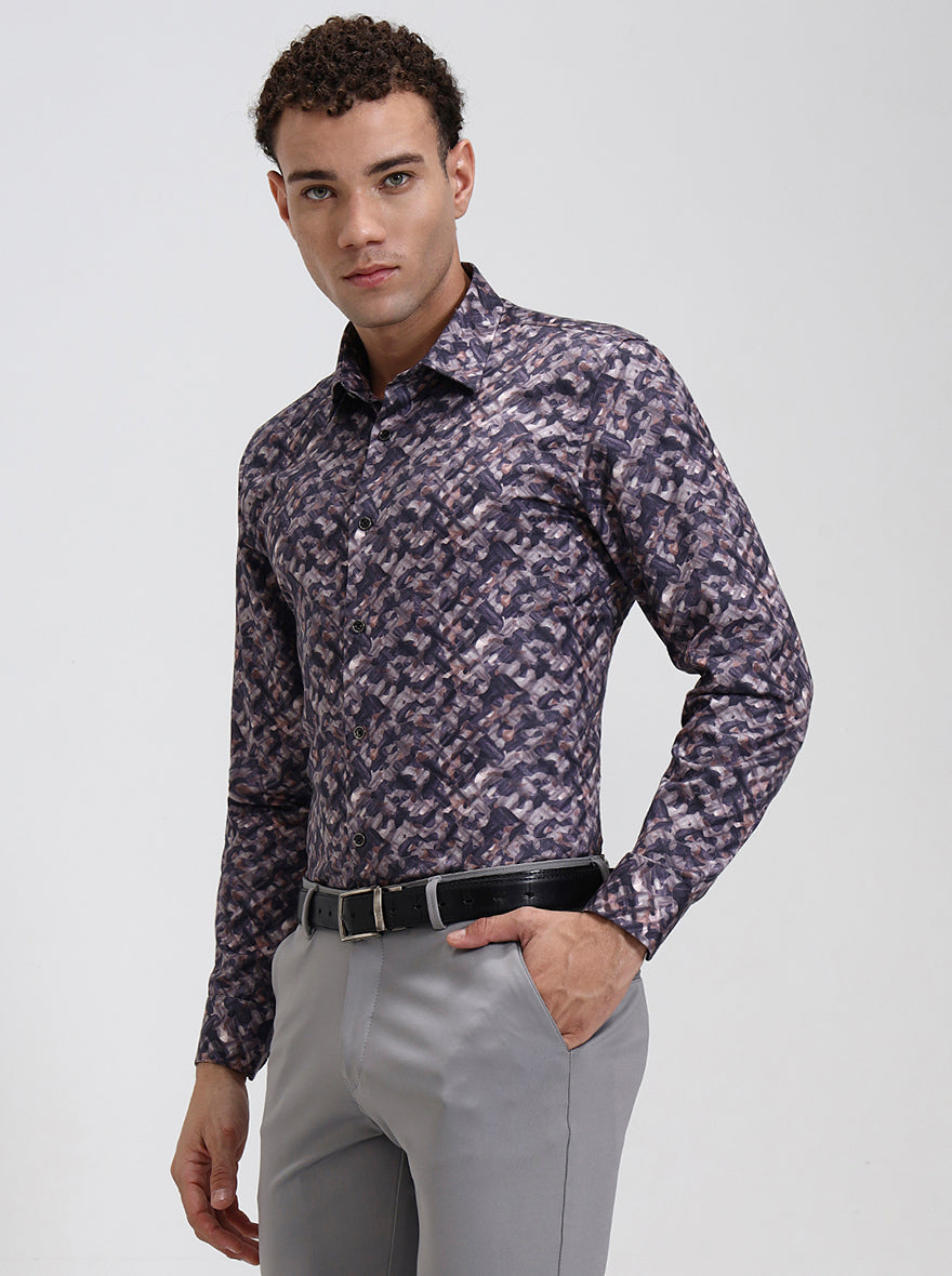 Dark Purple Printed Slim Fit Party Wear Shirt | Wyre