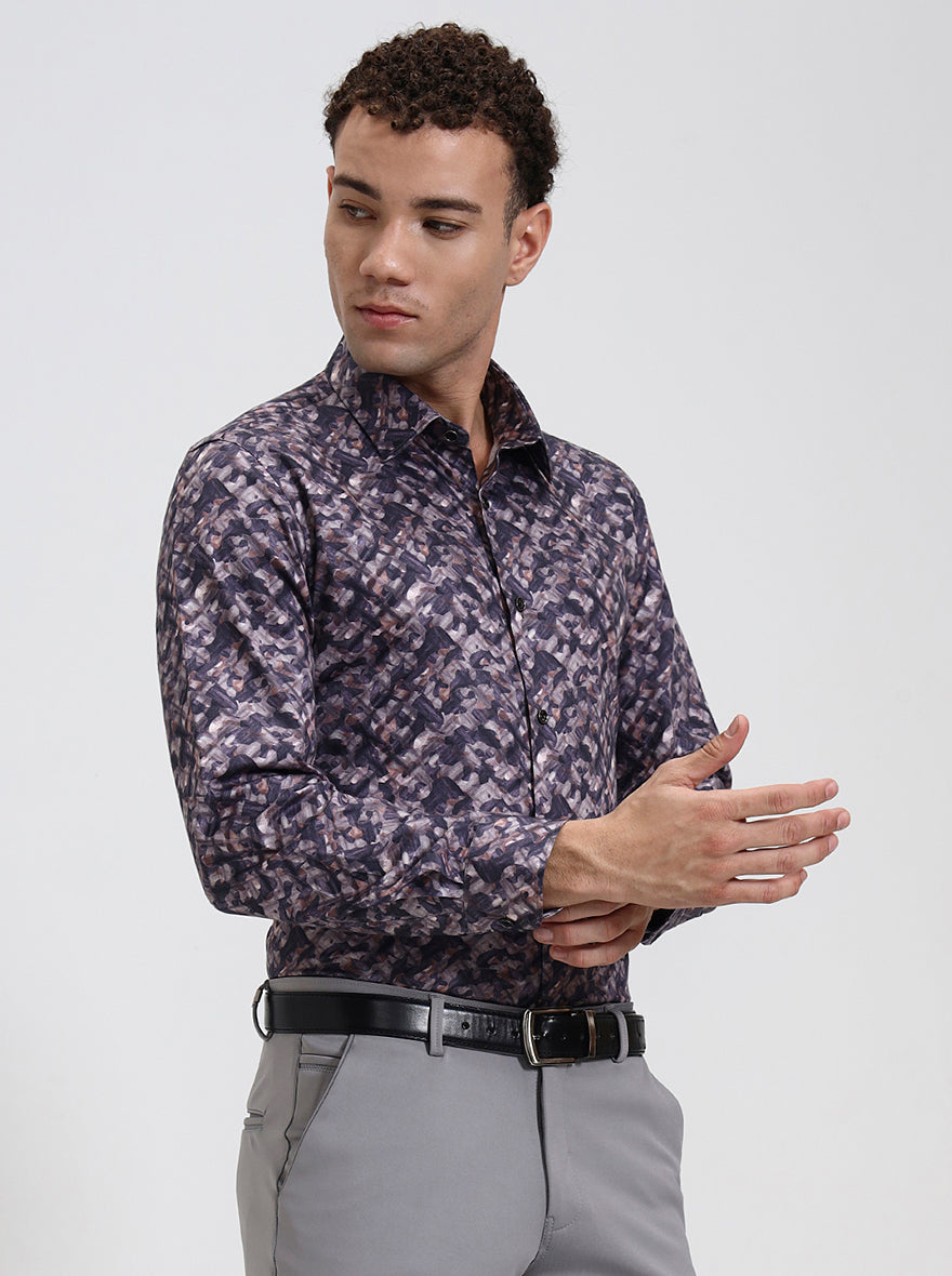Dark Purple Printed Slim Fit Party Wear Shirt | Wyre