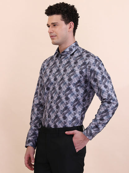 Grey Printed Slim Fit Party Wear Shirt | Greenfibre