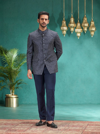 Blue Self Design Jodhpuri Suit | JadeBlue