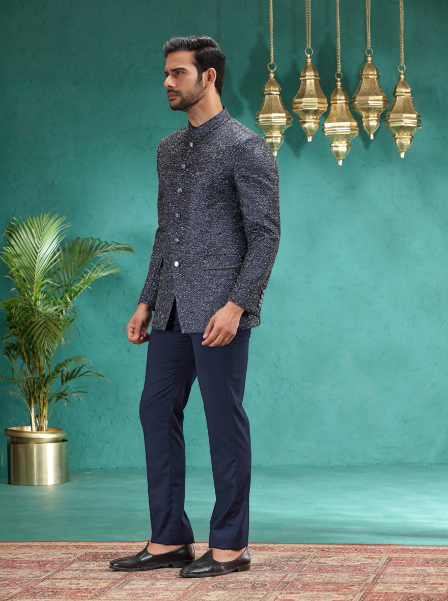 Blue Self Design Jodhpuri Suit | JadeBlue