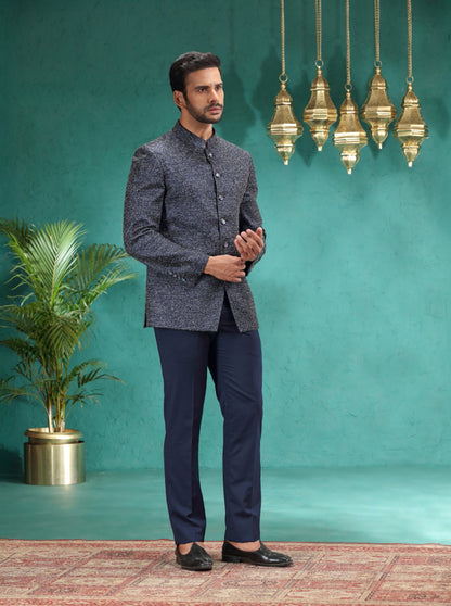 Blue Self Design Jodhpuri Suit | JadeBlue