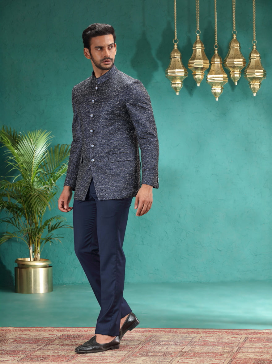 Blue Self Design Jodhpuri Suit | JadeBlue