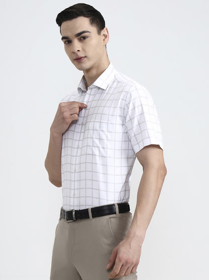 White & Grey Checked Regular Fit Formal Shirt | Greenfibre