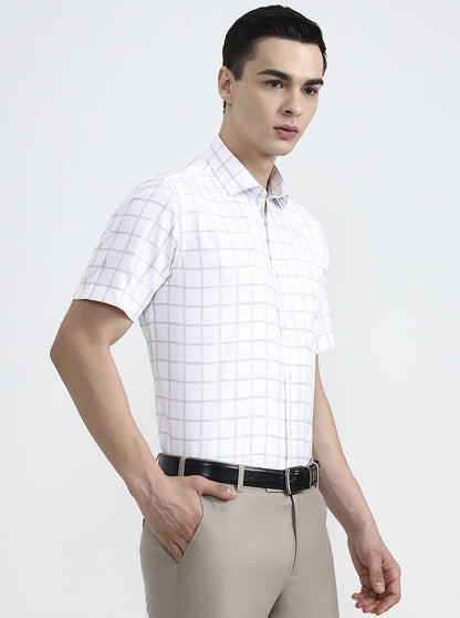 White & Grey Checked Regular Fit Formal Shirt | Greenfibre