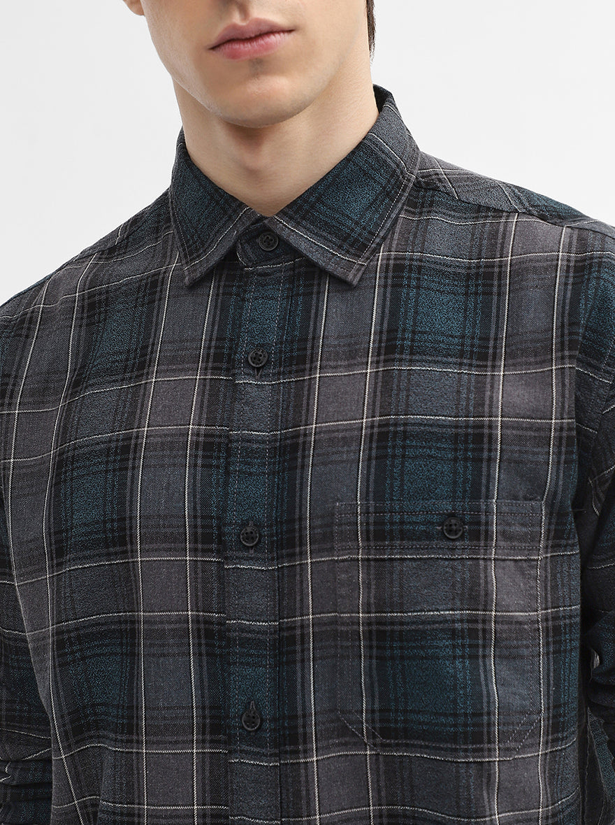 Teal Checked Slim Fit Casual Shirt | JadeBlue