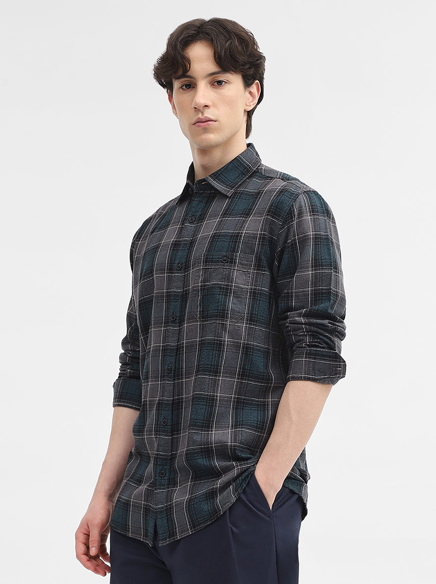 Teal Checked Slim Fit Casual Shirt | JadeBlue
