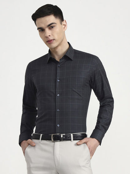 Dark Green Checked Slim Fit Formal Shirt | Metal
