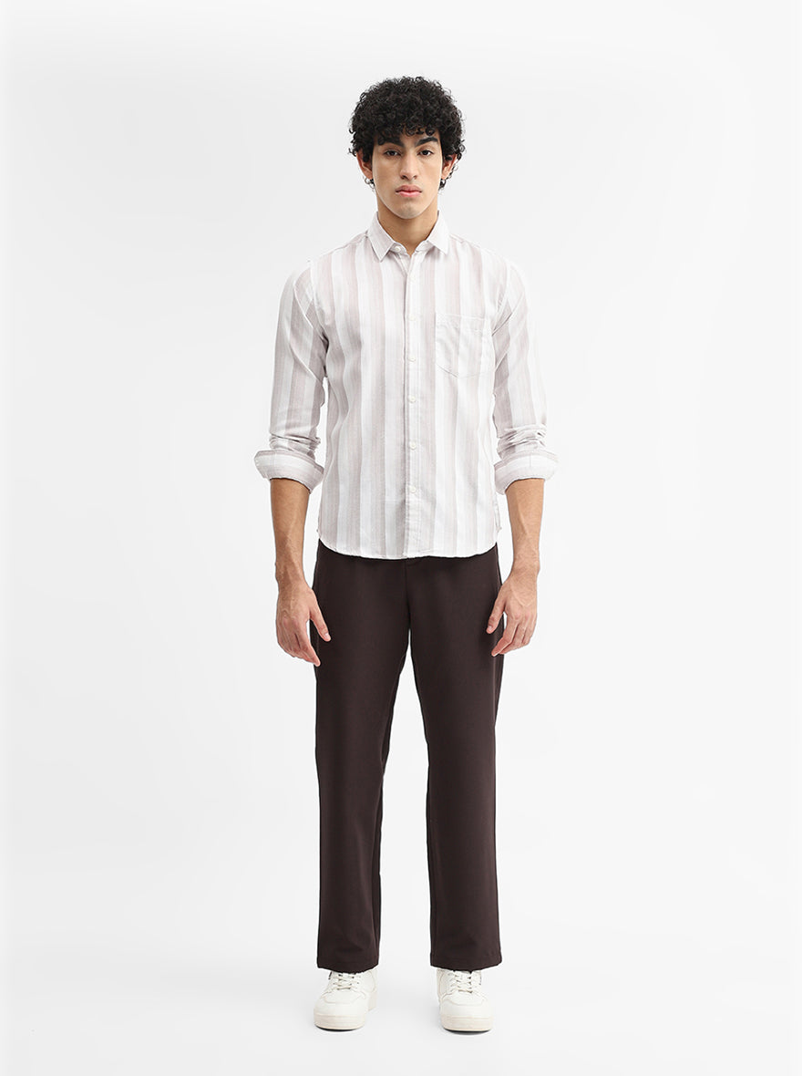 Brown Striped Slim Fit Casual Shirt | Greenfibre