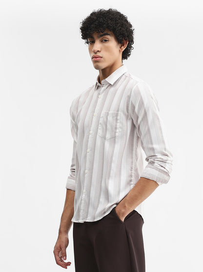 Brown Striped Slim Fit Casual Shirt | Greenfibre