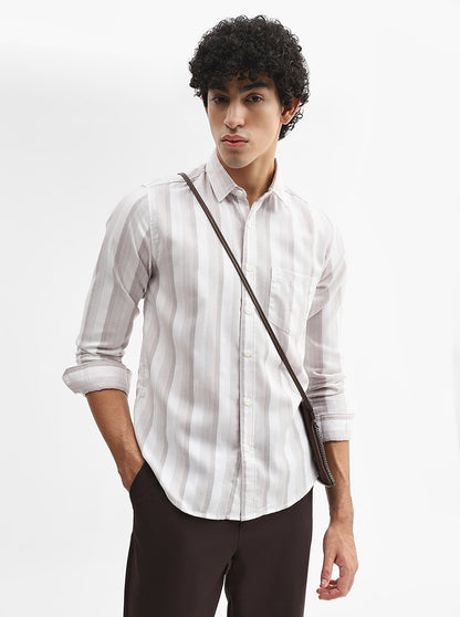 Brown Striped Slim Fit Casual Shirt | Greenfibre