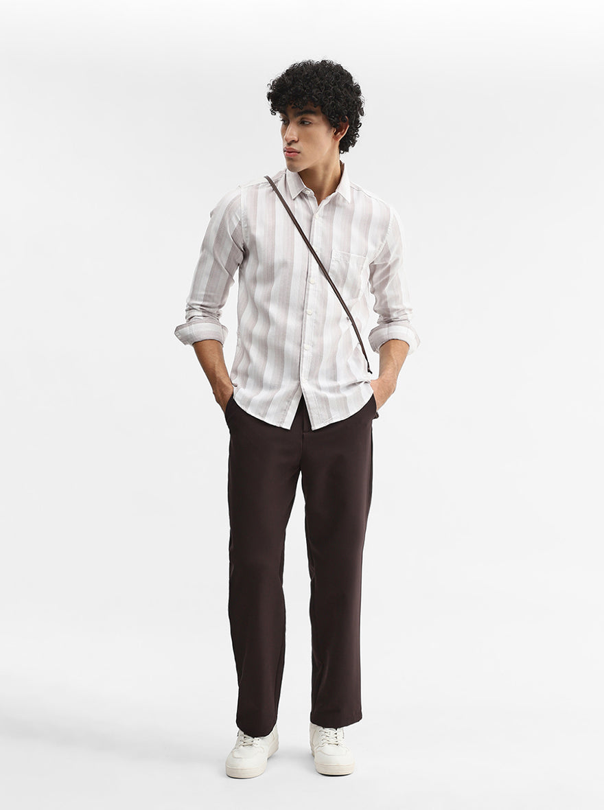 Brown Striped Slim Fit Casual Shirt | Greenfibre