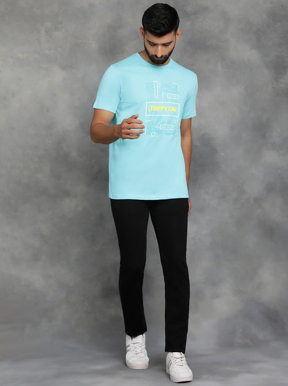 Aqua Blue Printed Slim Fit T-Shirt | GreenFibre
