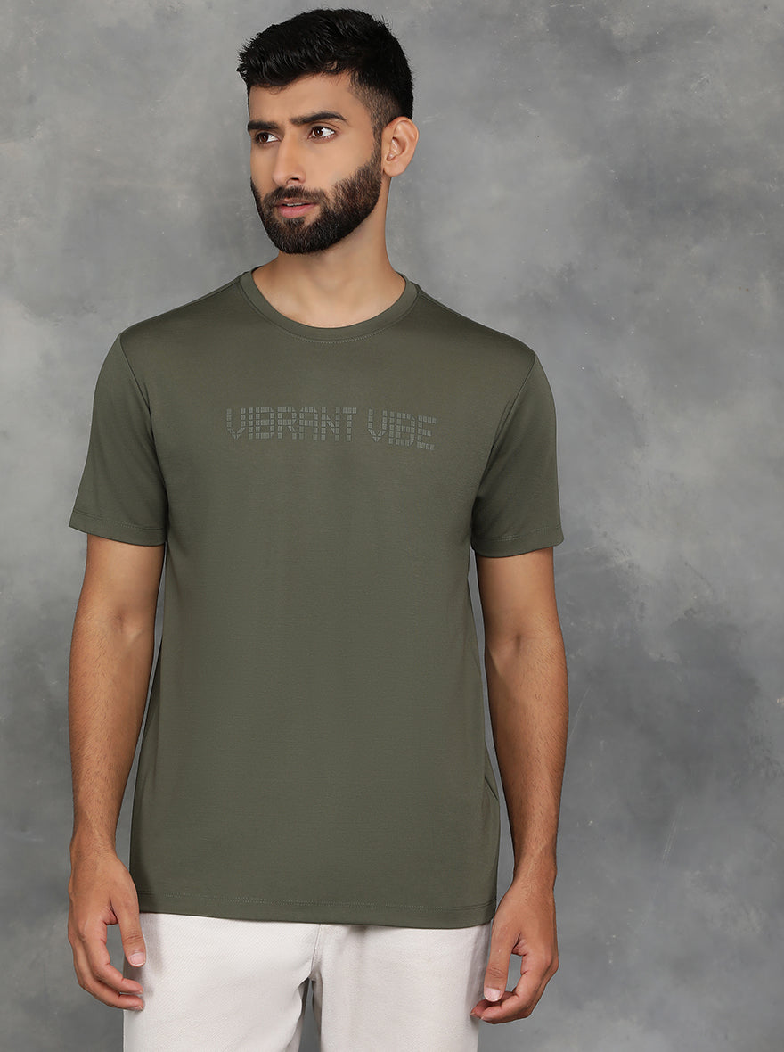 Olive Green Printed Slim Fit T-Shirt | JadeBlue