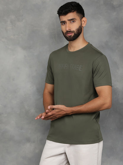 Olive Green Printed Slim Fit T-Shirt | JadeBlue