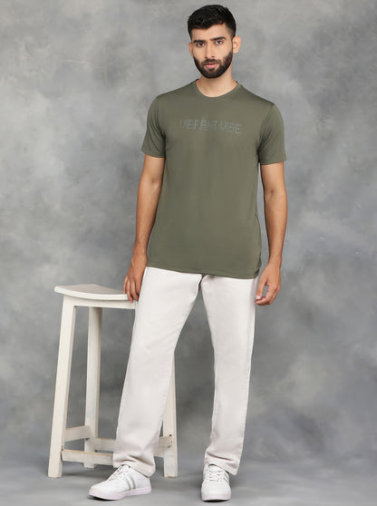 Olive Green Printed Slim Fit T-Shirt | JadeBlue