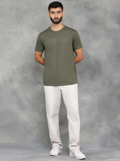 Olive Green Printed Slim Fit T-Shirt | JadeBlue