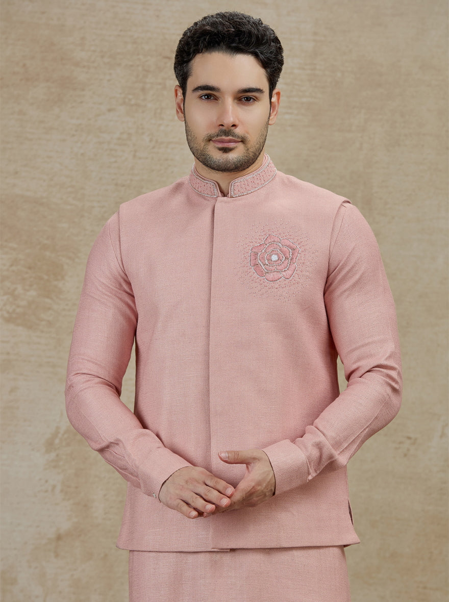 Onion Pink Embroidered Kurta Pajama with Koti | TULA