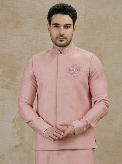 Onion Pink Embroidered Kurta Pajama with Koti | TULA