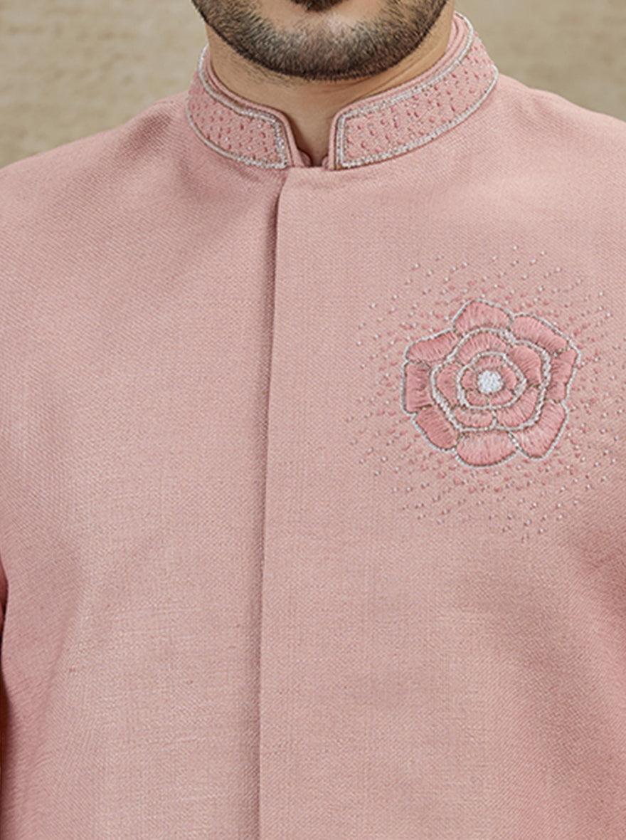 Onion Pink Embroidered Kurta Pajama with Koti | TULA