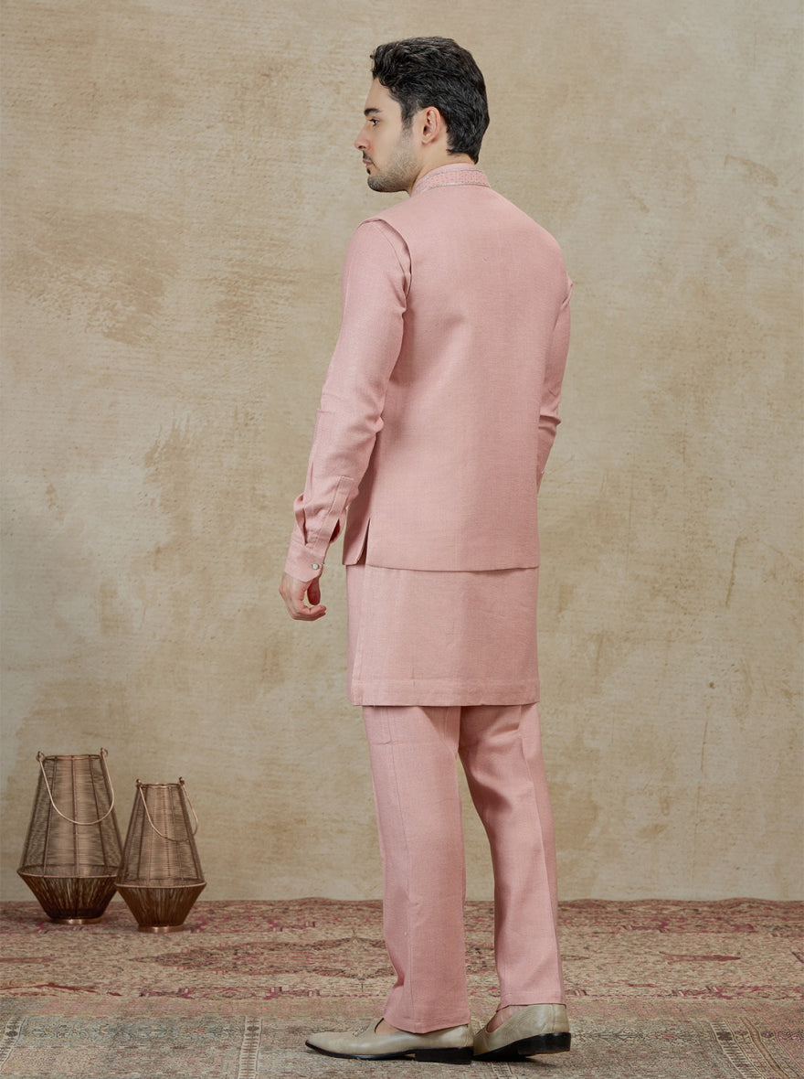Onion Pink Embroidered Kurta Pajama with Koti | TULA