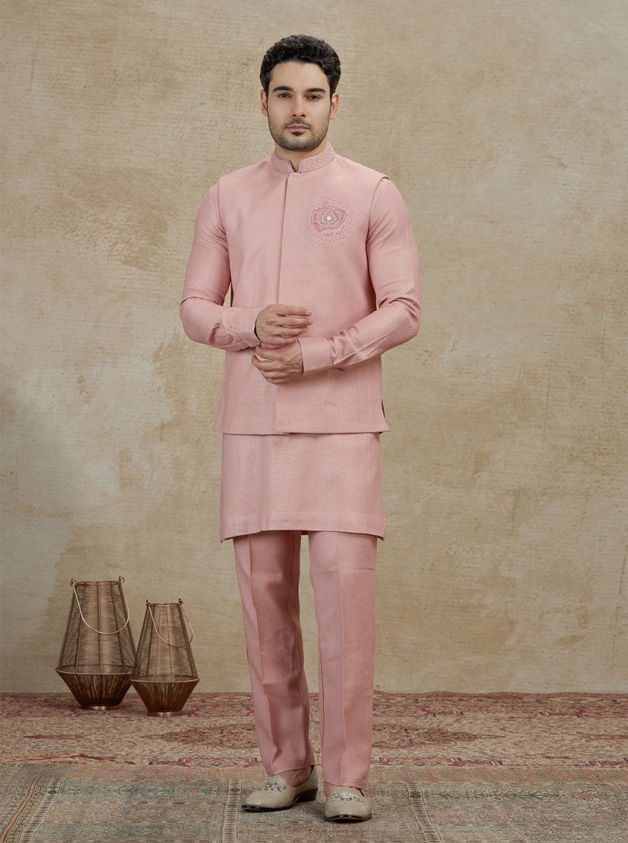 Onion Pink Embroidered Kurta Pajama with Koti | TULA