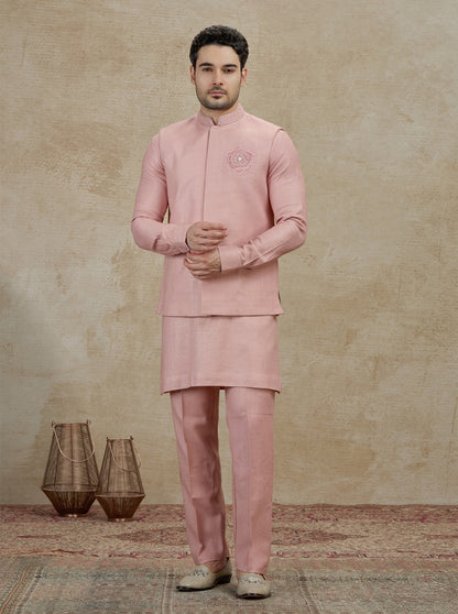 Onion Pink Embroidered Kurta Pajama with Koti | TULA