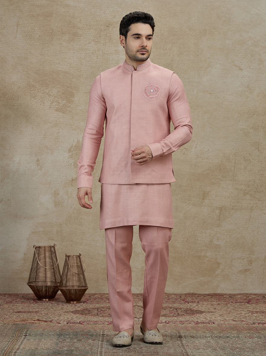 Onion Pink Embroidered Kurta Pajama with Koti | TULA
