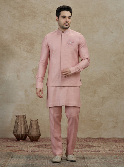 Onion Pink Embroidered Kurta Pajama with Koti | TULA