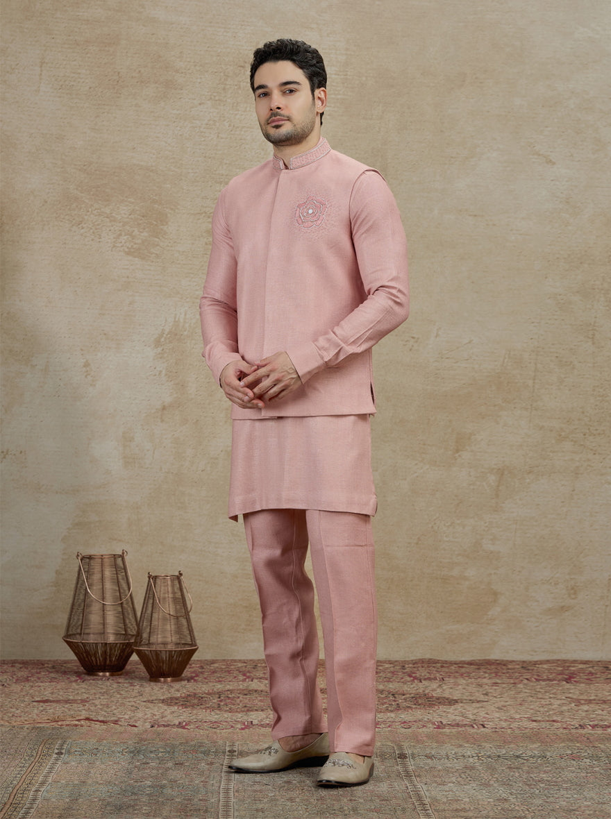 Onion Pink Embroidered Kurta Pajama with Koti | TULA