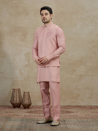Onion Pink Embroidered Kurta Pajama with Koti | TULA