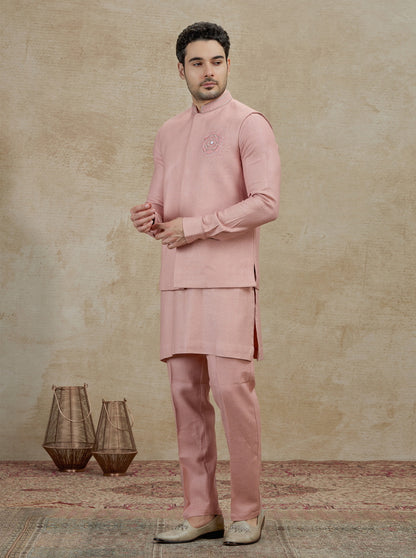 Onion Pink Embroidered Kurta Pajama with Koti | TULA