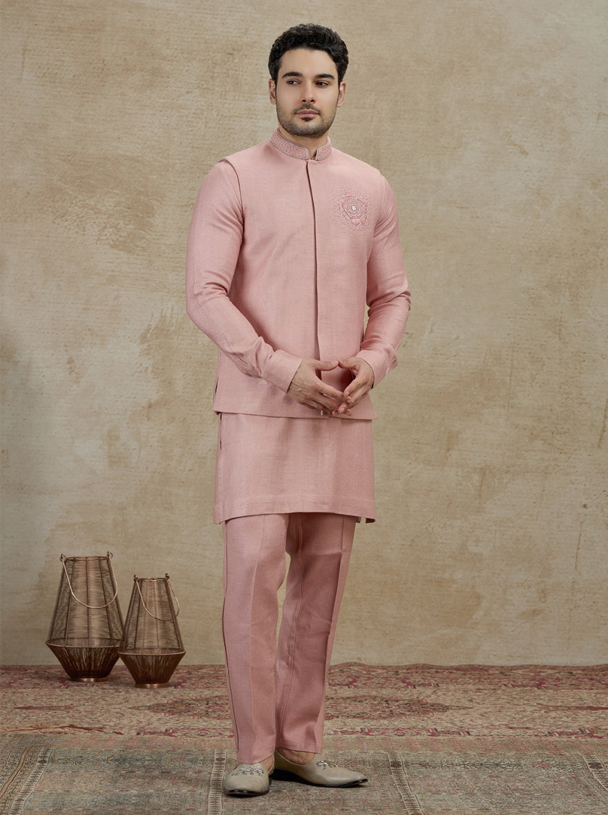Onion Pink Embroidered Kurta Pajama with Koti | TULA